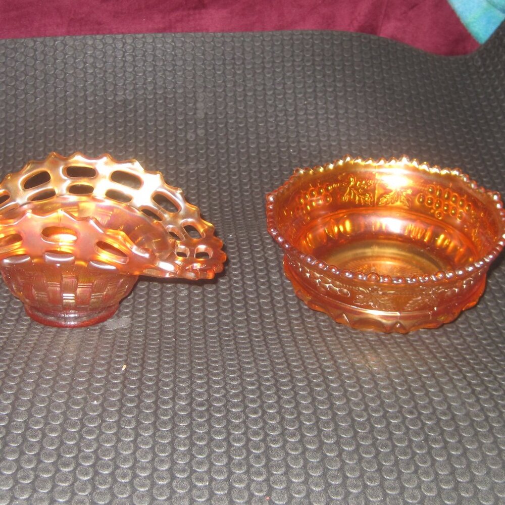 2 Vintage Carnival Glass Iridescent Marigold a) Fenton and b) Northwood.